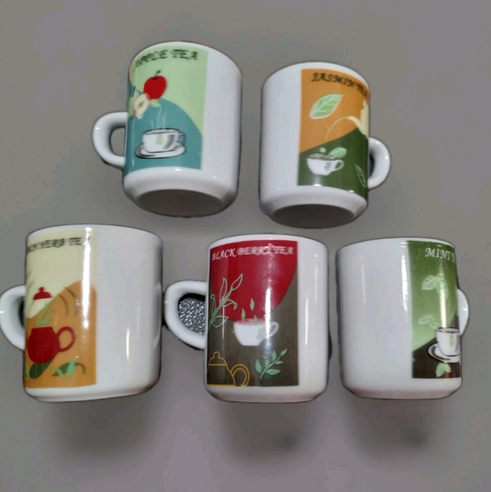 Set Of 5 Small VTG Look Tea Mugs With Tea Labels/Pics Painted On Both Sides
